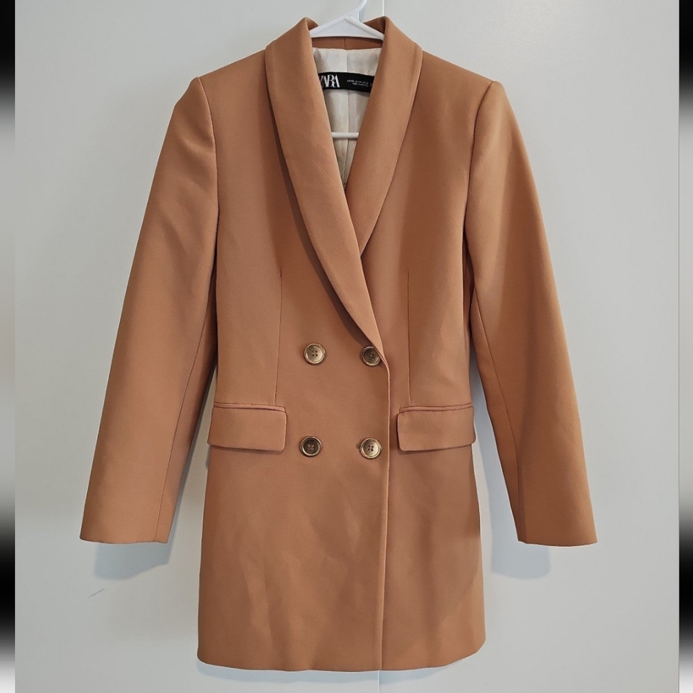 Zara double breasted blazer dress camel sz XS